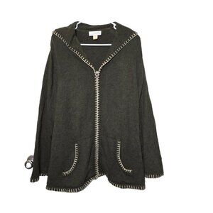 CJ Banks Cardigan 3X Green Embroidered Trim Lagenlook Stretch Comfort Wool Blend